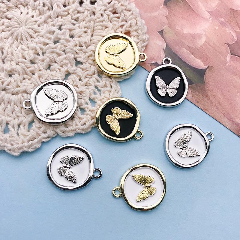 1 KC Gold/White K Alloy Round Butterfly Pendant Necklace, 18x21mm DIY Jewelry Accessory