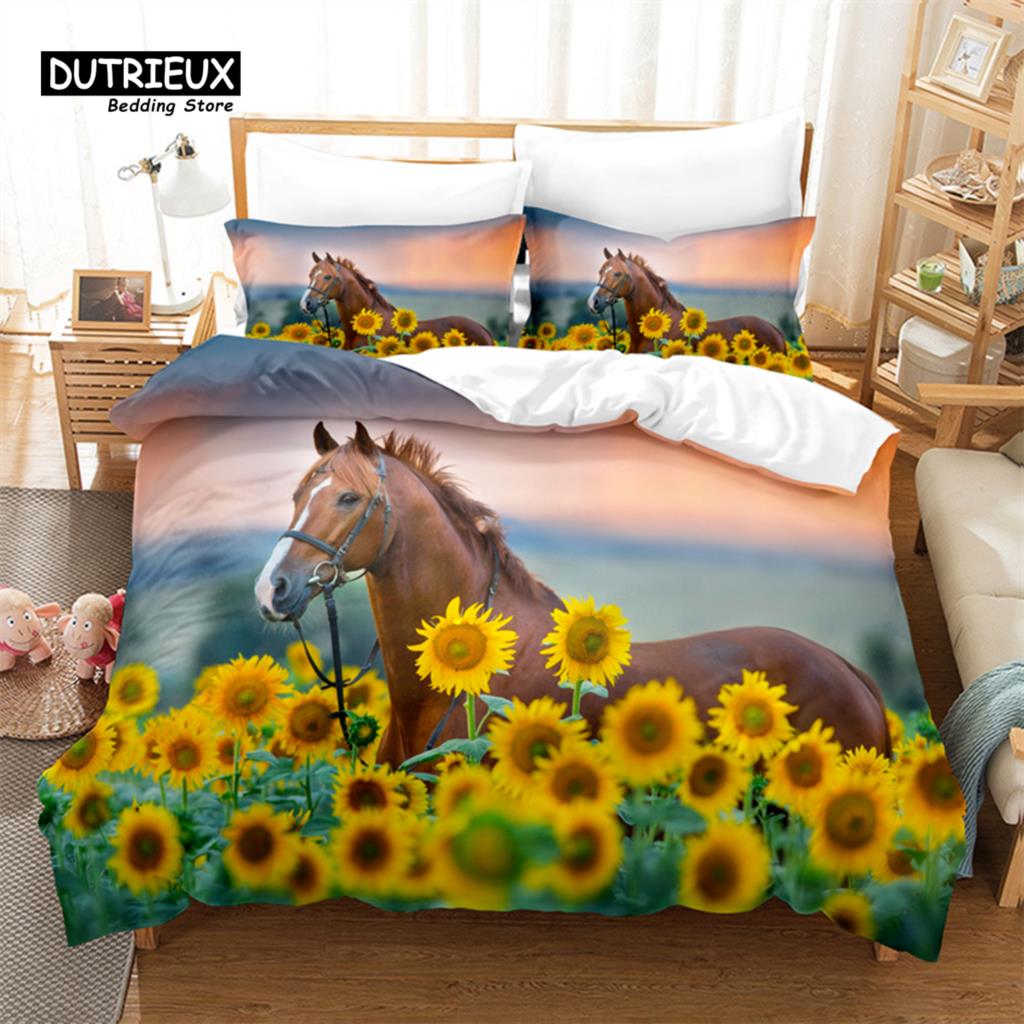 Galloping Horse Bedding Set, 3Pcs Duvet Cover Set, Soft Comfortable Breathable Duvet Cover, For Bedroom Guest Room Decor