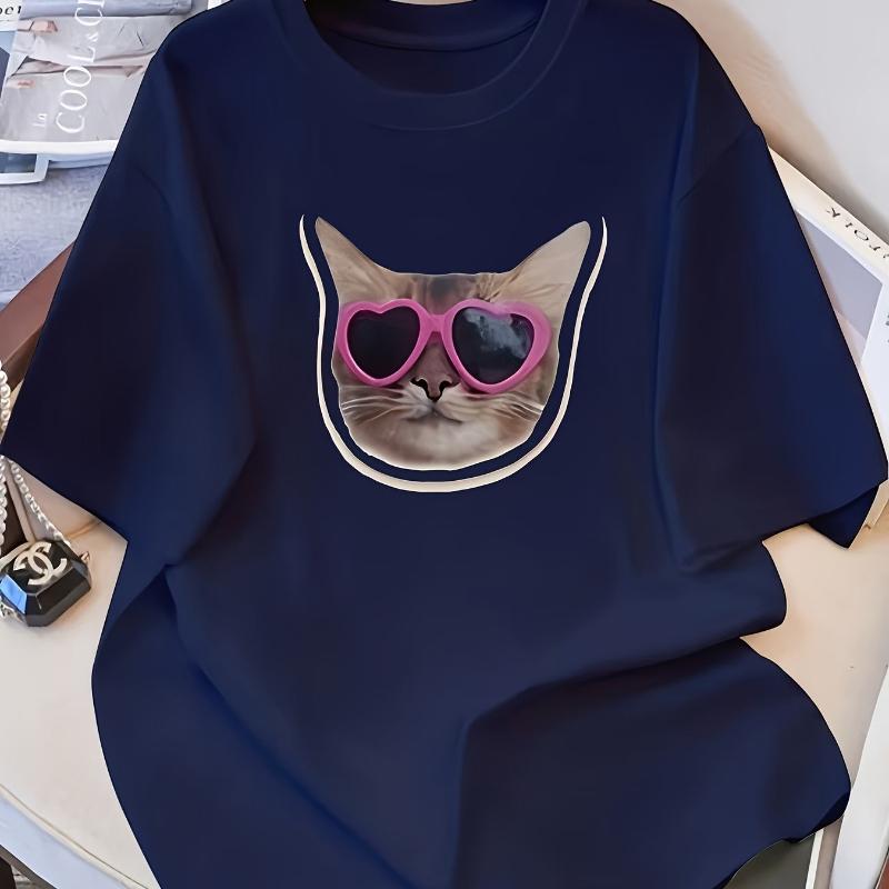 

Cool Cat With Heart Sunglasses Graphic Print T-Shirt,Lightweight T-Shirt Breathable Cool, Comfortable Wear XXL белый