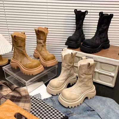 New Martin Boots Women's Big Head Cowboy Splicing Tooling Rhubarb Boots Locomotive Boots Thin Women's Shoes