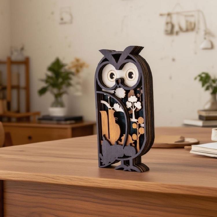 Figurine Hibou Sculpture sur Bois Multicouche Miniature Ornement Artisanat Fait Main Pour Étagères de Livres Arrangement Décoratif de Bureau