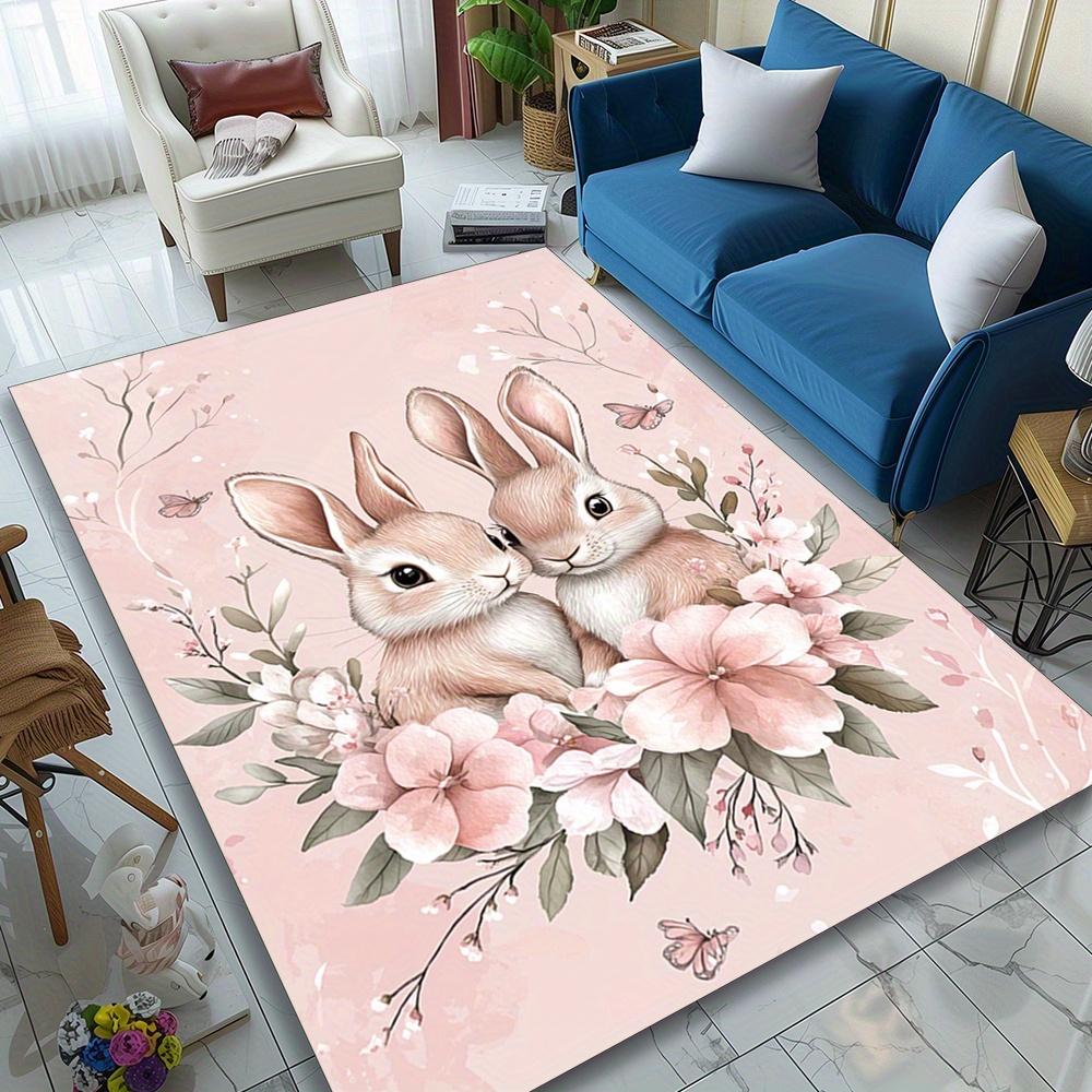Soft Pink Velvet Rabbit & Floral Area Rug – Durable Polyester Carpet for Living Room, Bedroom, Kitchen, and More