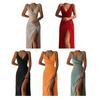 Womens Sleeveless V Neck Bodycon Dress Sexy Spaghetti Strap High Slit Ruched Midi Dress Cocktail Party Wedding Guest Dress