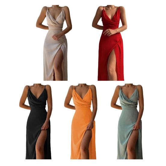 Womens Sleeveless V Neck Bodycon Dress Sexy Spaghetti Strap High Slit Ruched Midi Dress Cocktail Party Wedding Guest Dress