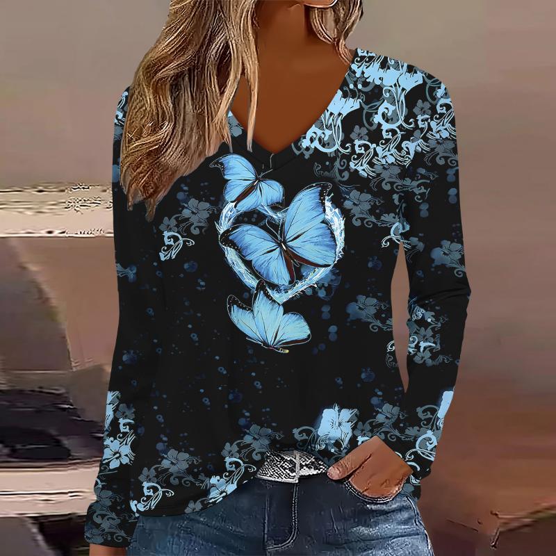 Übergröße Europäische und Amerikanische Mode 2025 Damen Elegantes V-Ausschnitt Langarm T-Shirt