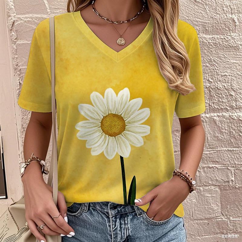 Fashion Flower T-Shirts Floral 3D Print Women's Casual V-Neck Short Sleeve T Shirt  Tees Harajuku Outdoor Top Female Clothing