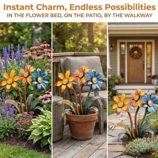 Rustic Metal Flower Garden Stake Handcrafted Vintage Yard Art Decorative Outdoor Plant Pot Stake for Pathway Lawn Patio Planter Decor