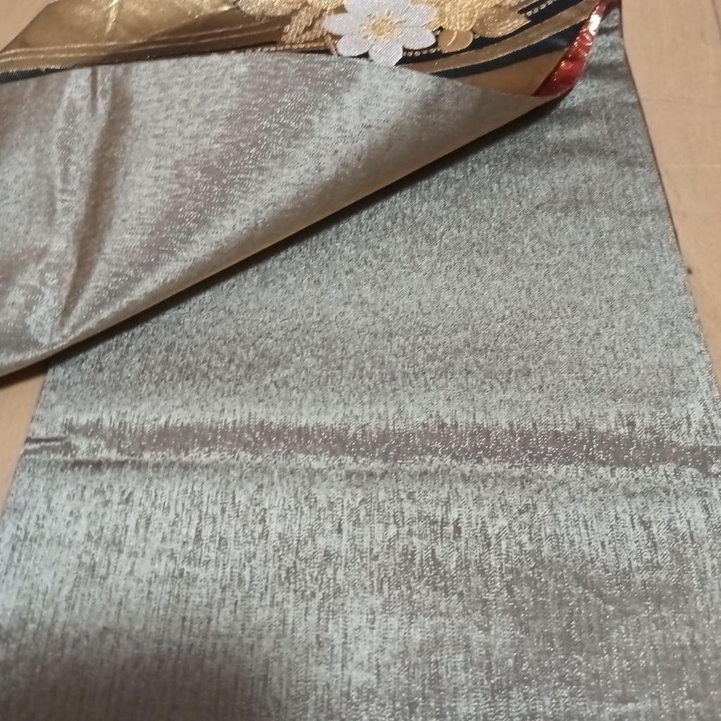 Used Pure Silk Fukuro Obi, Six-panel Pattern, Flower and Butterfly Motif, Gold Thread, Black Background, for Furisode Kimono, Coming-of-age Ceremony