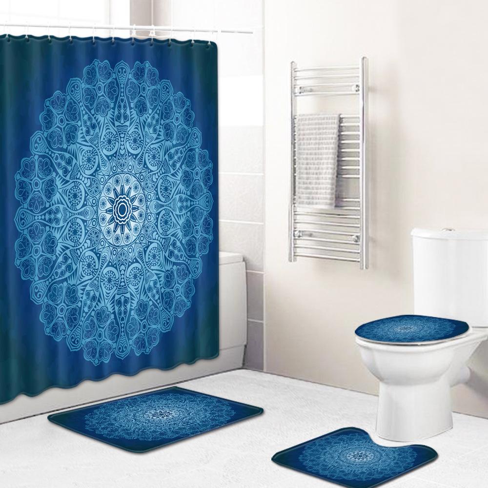 Retro Geometric Bathroom Four-Piece Waterproof Shower Curtain Bedroom Non-Slip Carpet Floor Mat Door Mat