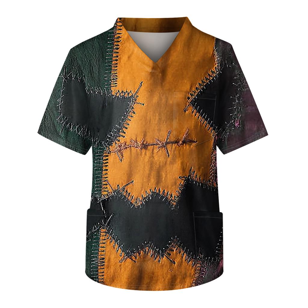 Men's Printing Short Sleeve V-neck Working Blouse Chest Pocket Carer Top