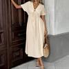 Women Dress V-neck Lace-up Short Sleeve High Waist Midi Dress Solid Color Flowy Hem Casual Dress Daily Wear