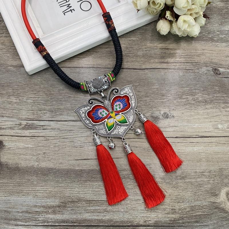Retro Long Fashion Classical Embroidery Fringed Necklace Temperament Wind Chimes Pendant Miao Sweater Chain Accessories