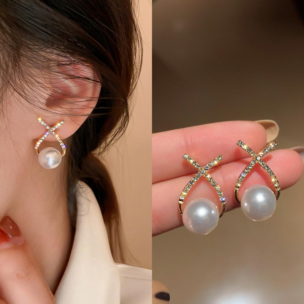 Premium Cross Pearl Stud Earrings Women Ins Temperament Thin Diamond Earrings Korean Version Sweet X Letter Earrings