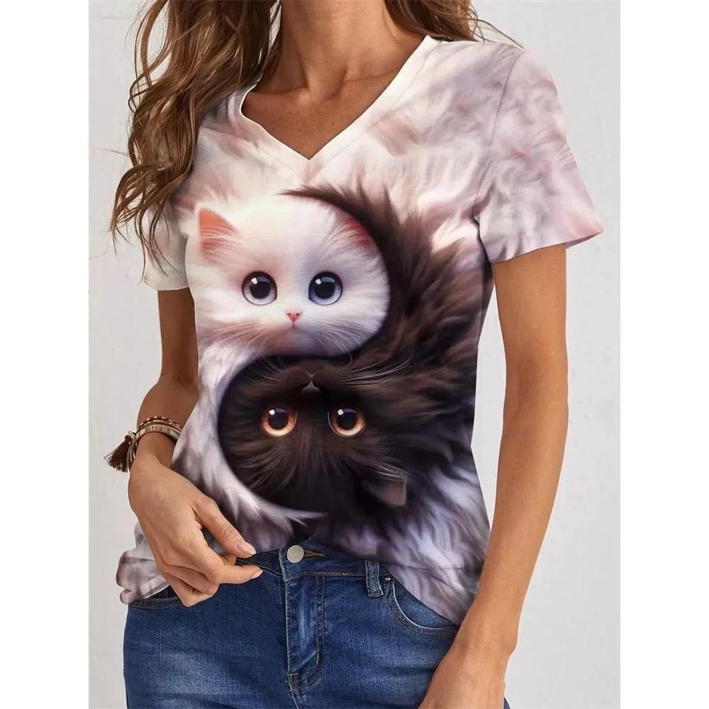Summer V-neck Cute Cat Pattern 3D Printed Top Fashionable Casual Short Sleeved Women's T-shirts
