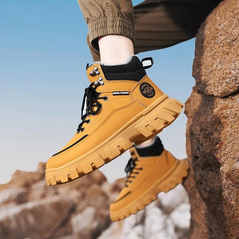 2024 New Men's Boots Plush Winter Thick Sole Lace Up Work Shoes Fashionable Coldproof Warm Cotton Short Boots Botas Para Hombre