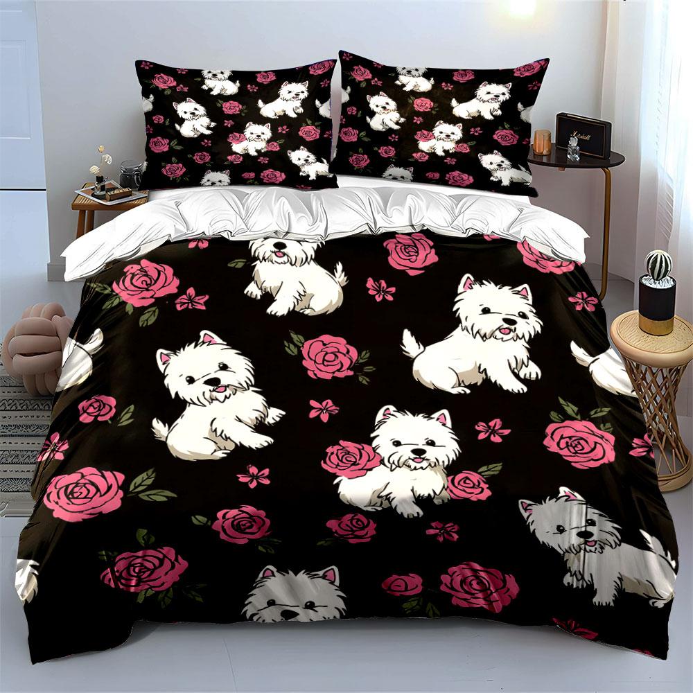White dogs, pink roses. Bedding sets Duvet cover sets Duvet covers Pillowcases(1* Duvet Cover 2* Pillowcases without duvet insert)