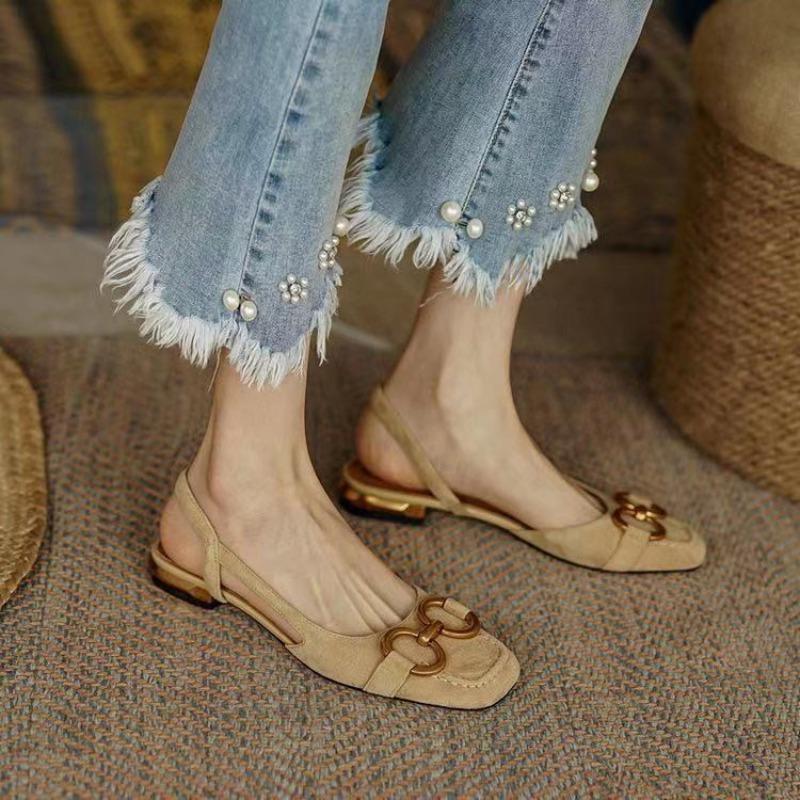Fashion Womens Flats Retro Baotou Low-heel Sandals High Quality Leather Sandals for Women Fashion Flat Sandals Suede Office Casual Shoes