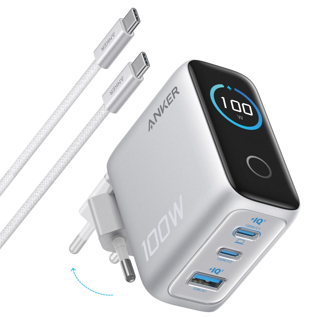 Anker 100W Max USB C Charger, 3-Port GaN and Ultra-Compact Wall Adapter, Smart Display, Touch Control, for MacBook, iPad, iPhone