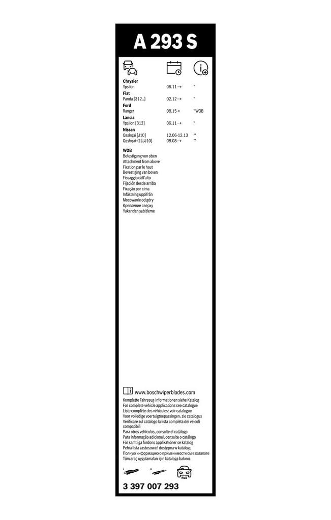 BOSCH A293S Flat Wiper Blade for Imported Aero Twin Models Cars, Only, 600/380mm