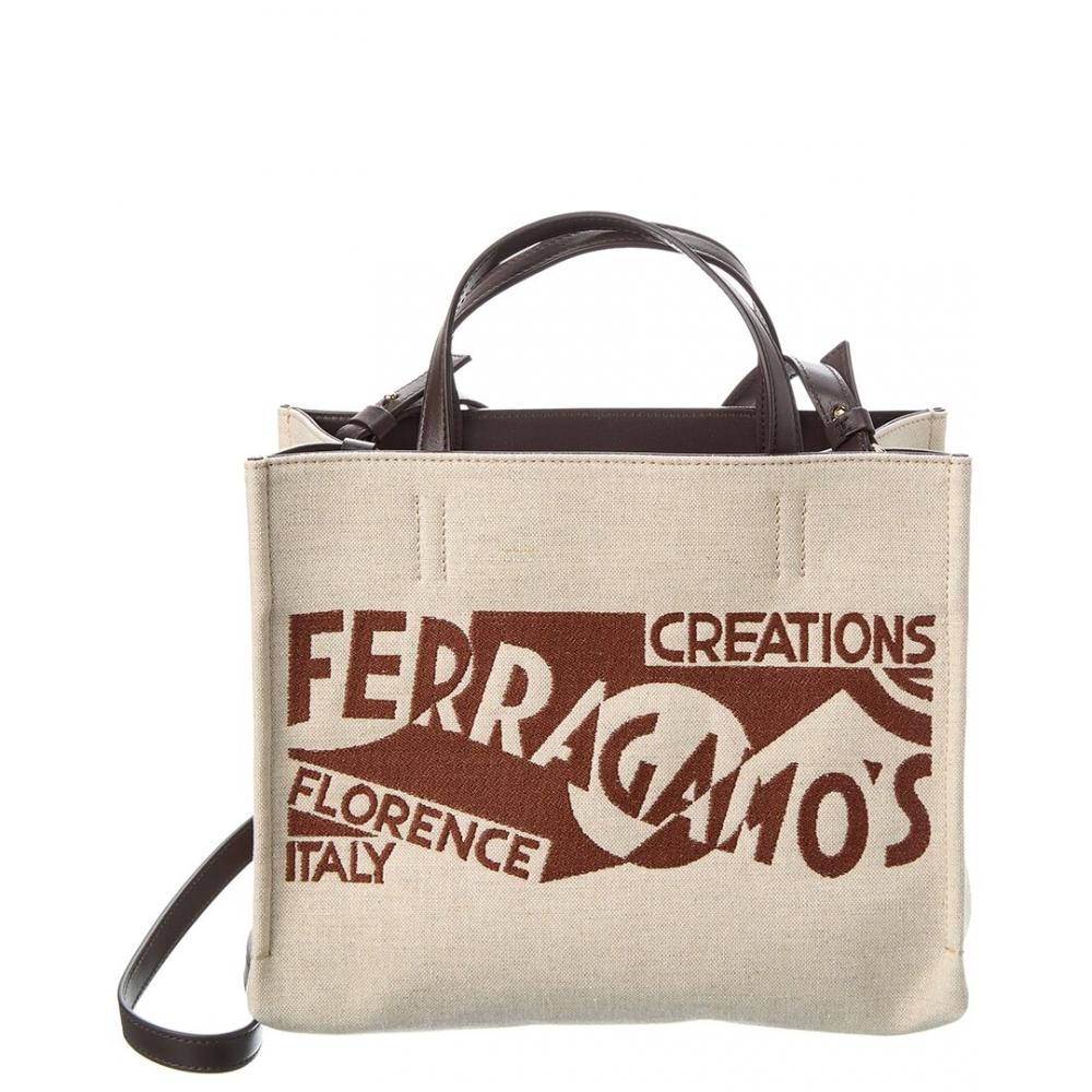 

Salvatore Ferragamo Ferragamo Logo Leather Trim Tote Beige Large