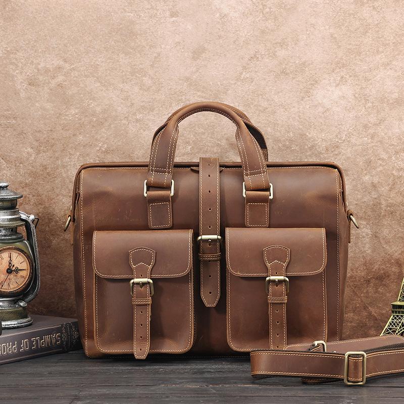 Genuine Leather Briefcase Men's Large Capacity One Shoulder Computer Bag Mad Horse Leather Vintage Hand-held Men's Business Bag