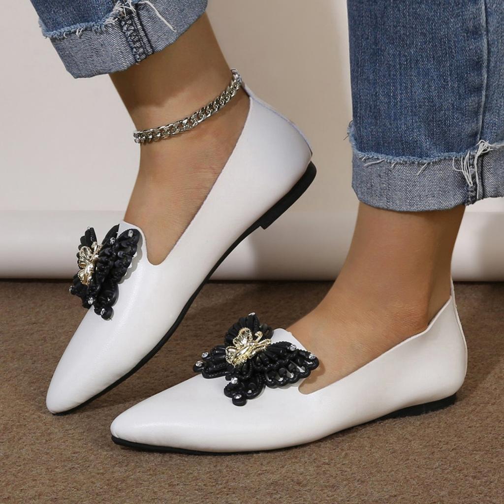 2025 New Pointed Head Butterfly Decoration Shallow Mouth Flat Bottom Versatile Shoes Woman Low Heel Comfortable Leisure Zapatos