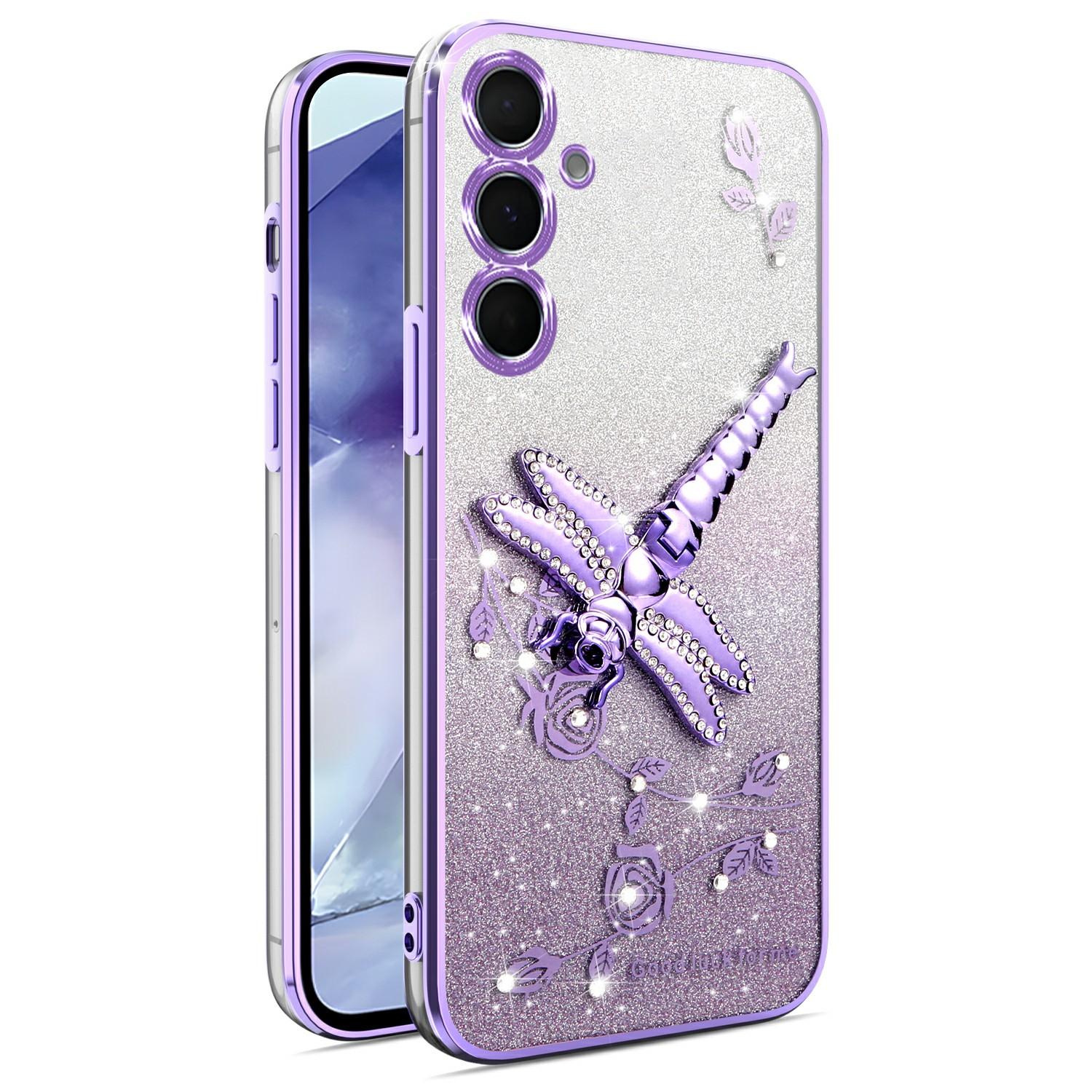 

For Samsung Galaxy A35 5G Case Dragonfly Kickstand TPU Flowers Glitter Phone Cover Purple