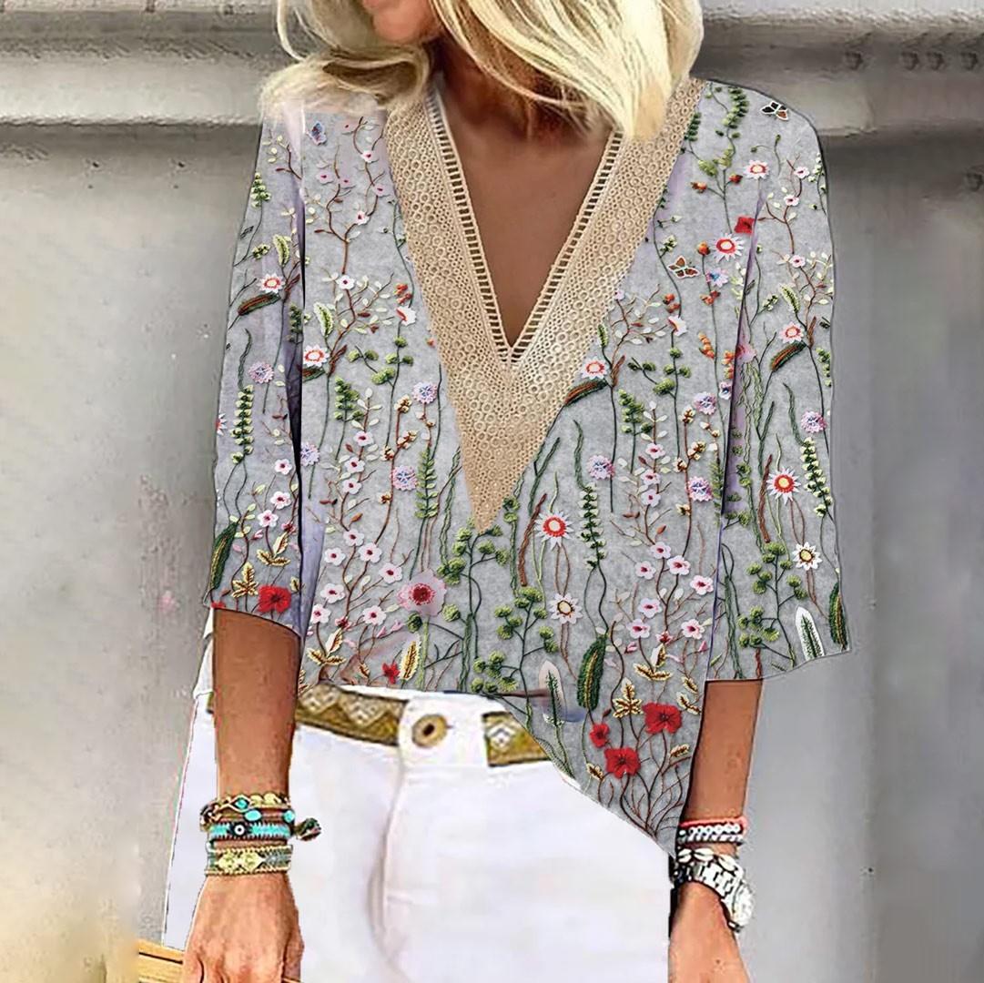 Женская рубашка-блузка Повседневные свободные рубашки с рукавами 3/4 и кружевной отделкой — фото 6