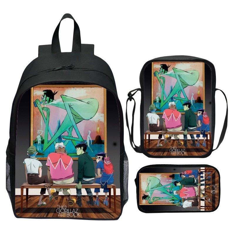 Gorillaz UK Virtual Band Printed Cartoon Backpack 3-Piece Set School Bag Lightweight Large Capacity