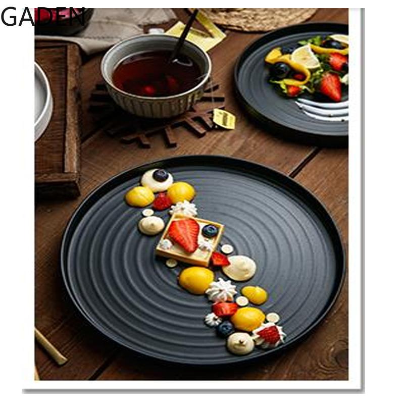 Tray Design, Multi-purpose Decoration, Simple Straight Side Dinner Plate, Black and White Threaded Restaurant Tableware