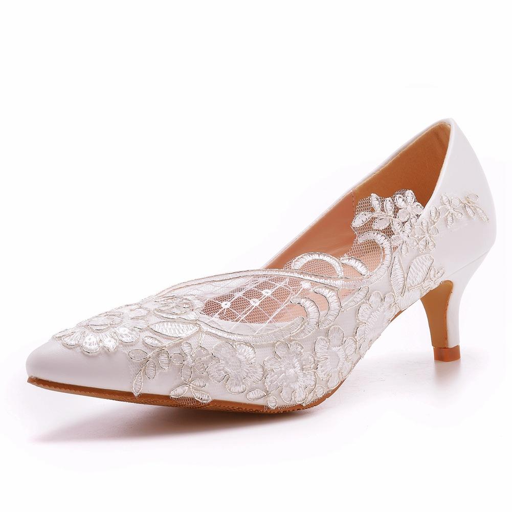 5cm Medium Heel Elegant Simple Lace Mesh Flower Wedding Shoes Pointy Toe High Heels Bridal Wedding Dress Shoes Spring and Autumn Single Shoes