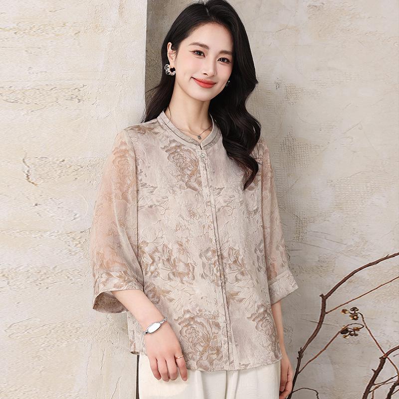 

2026 Chinese-Style Printed Loose Shirts for Middle-Aged & Elderly Mothers XL (suggests up to 110 jin) абрикосовый