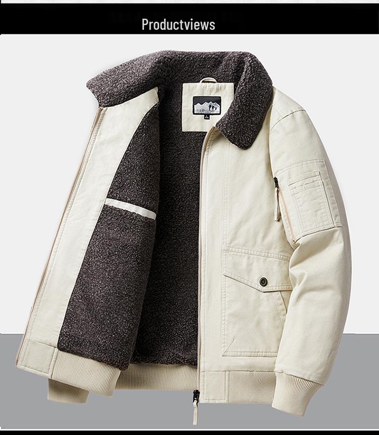 Men's Casual Fleece-Lined Warm Workwear Jacket – Retro Turn-Down Collar Coat for Autumn and Winter.