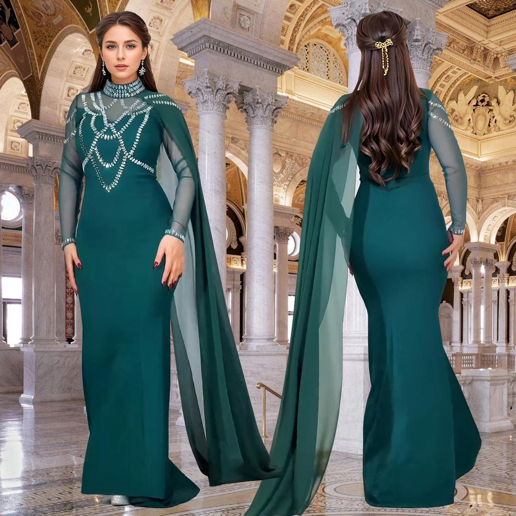 Women's Fashion Slim-fit Rhinestone Shawl Dress - Elegant European & American Style