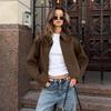 Fashion Brown Zipper Jacket For Women Elegant Lapel Long Sleeve Short Coats Female Vintage Lady Street Outerwear