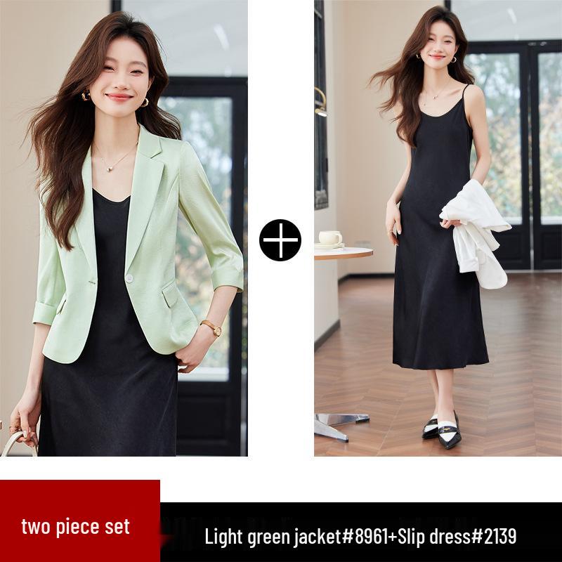 Women's Green Mid-Sleeve Summer Blazer - 2024 Petite Casual Jacket