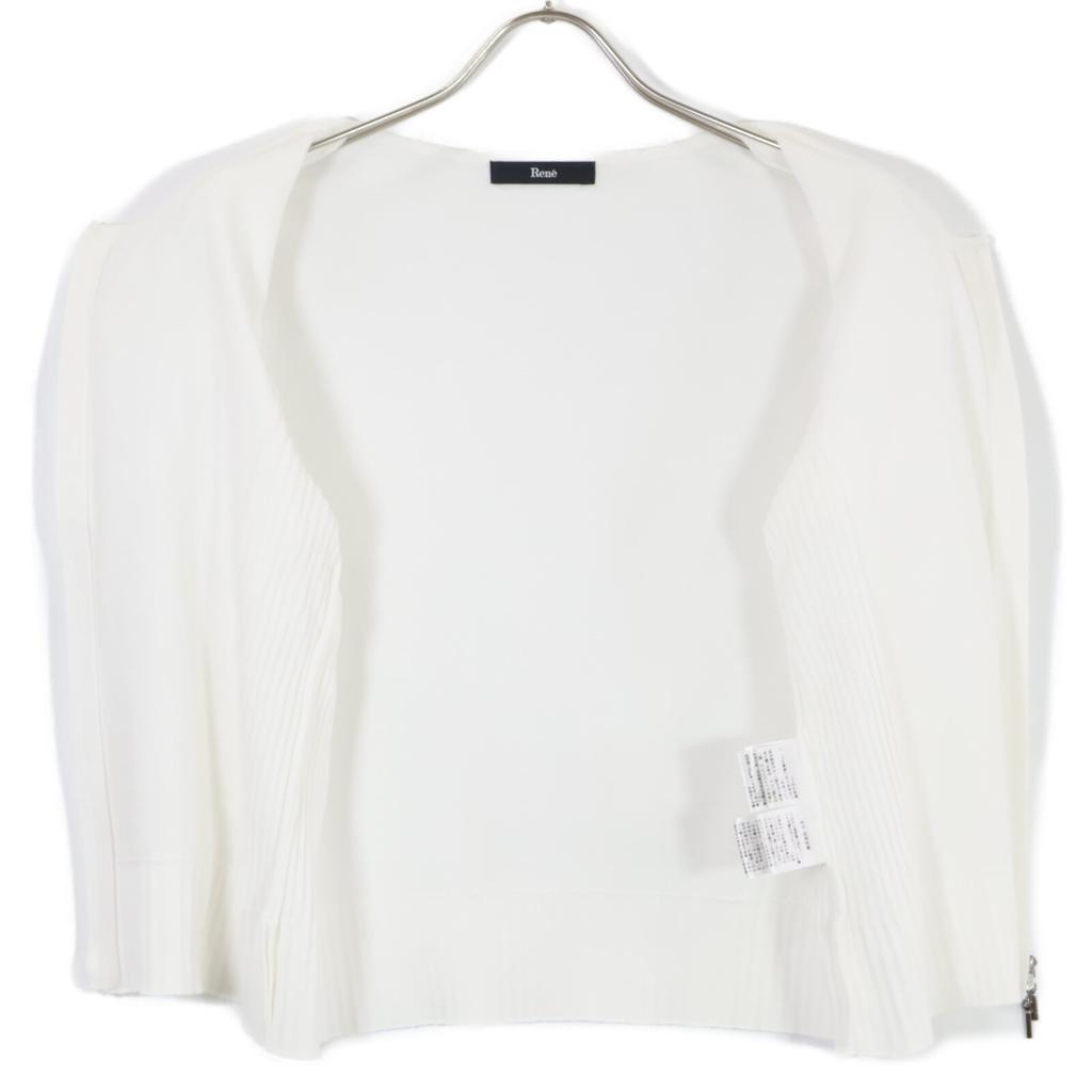 Rene 5422030 White Cotton Coated Pearl Sheer Check Puff Sleeve W-Zip Cardigan Tops 38 whiteUsed