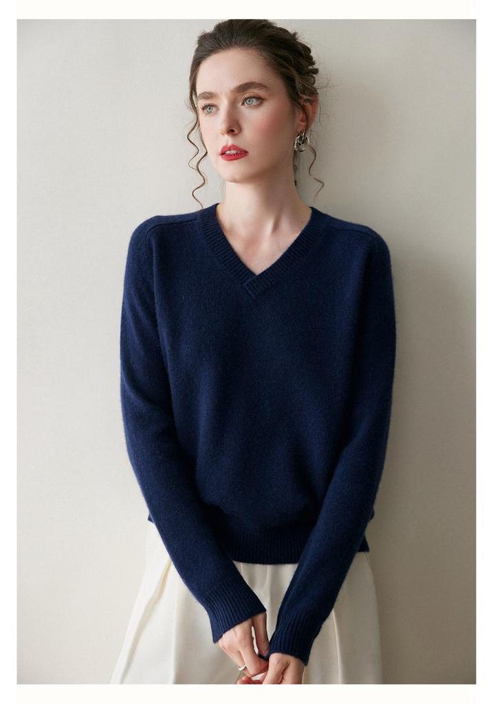 Women's Thickened V-Neck Cashmere Raglan Sweater - Loose Knit Two-Strand Base Layer for Autumn/Winter