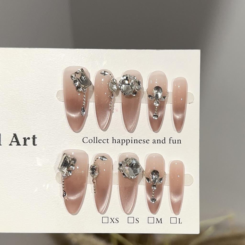 Women Press‑On Nails Pure‑Handmade Pink Cat Eye Gentle Stacked Rhinestone Sparkling Light‑Luxury False Nail Patches