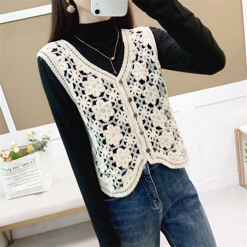 

Короткий модный однобортный жилет без рукавов с V-образным вырезом и ажурной плетеной шерстью, подходящий по цвету One size