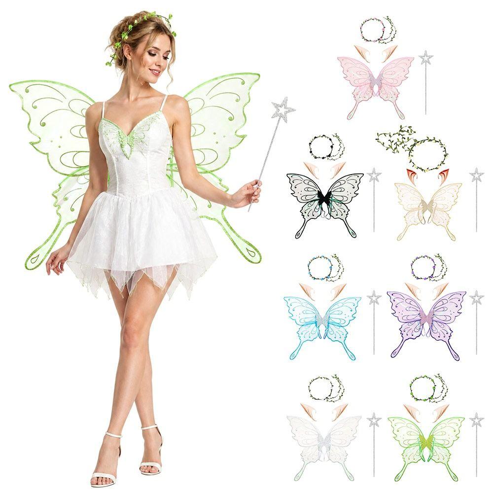 4Pcs Floral Garland Headband Butterfly Wings Set Hollow Mesh Sparkling Angel Wings  Women Girls