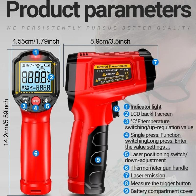 Professional ANENG TH202 Infrared Thermometer Non-contact -50℃~600℃ Digital Laser Temperature Meter LCD Display Portable  Pyrometer Point Gun Tester