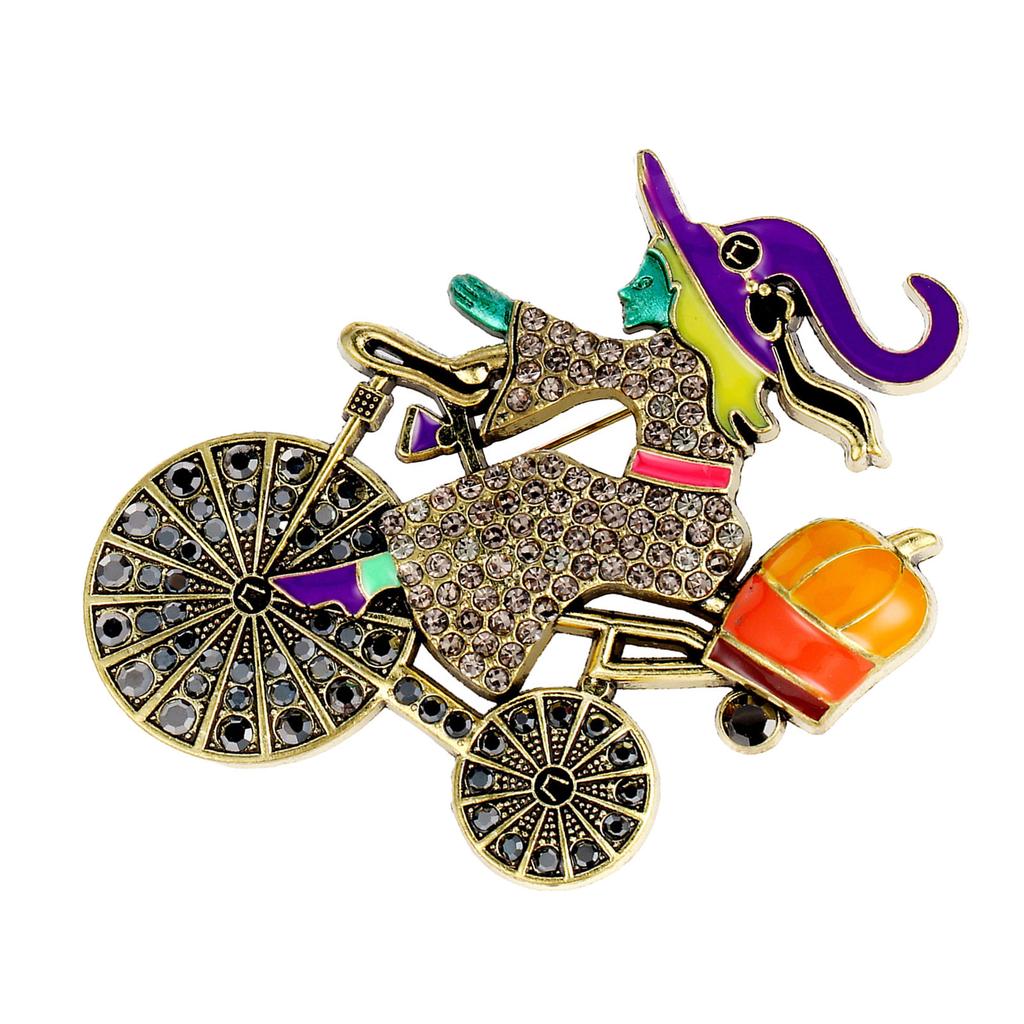 Detailed Witch On Pumpkin Brooch Lightweight Metal Accessory For Fall Fashion Costume