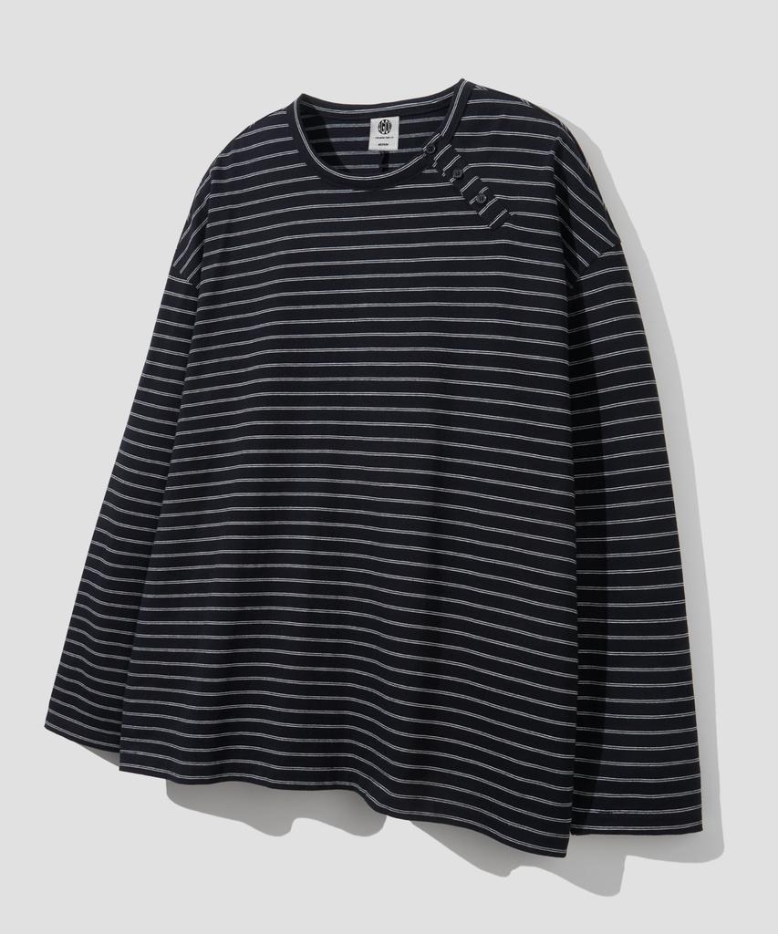 AGOD Camicia Henley con Bottoni Laterali a Righe Manica Lunga [Nero]