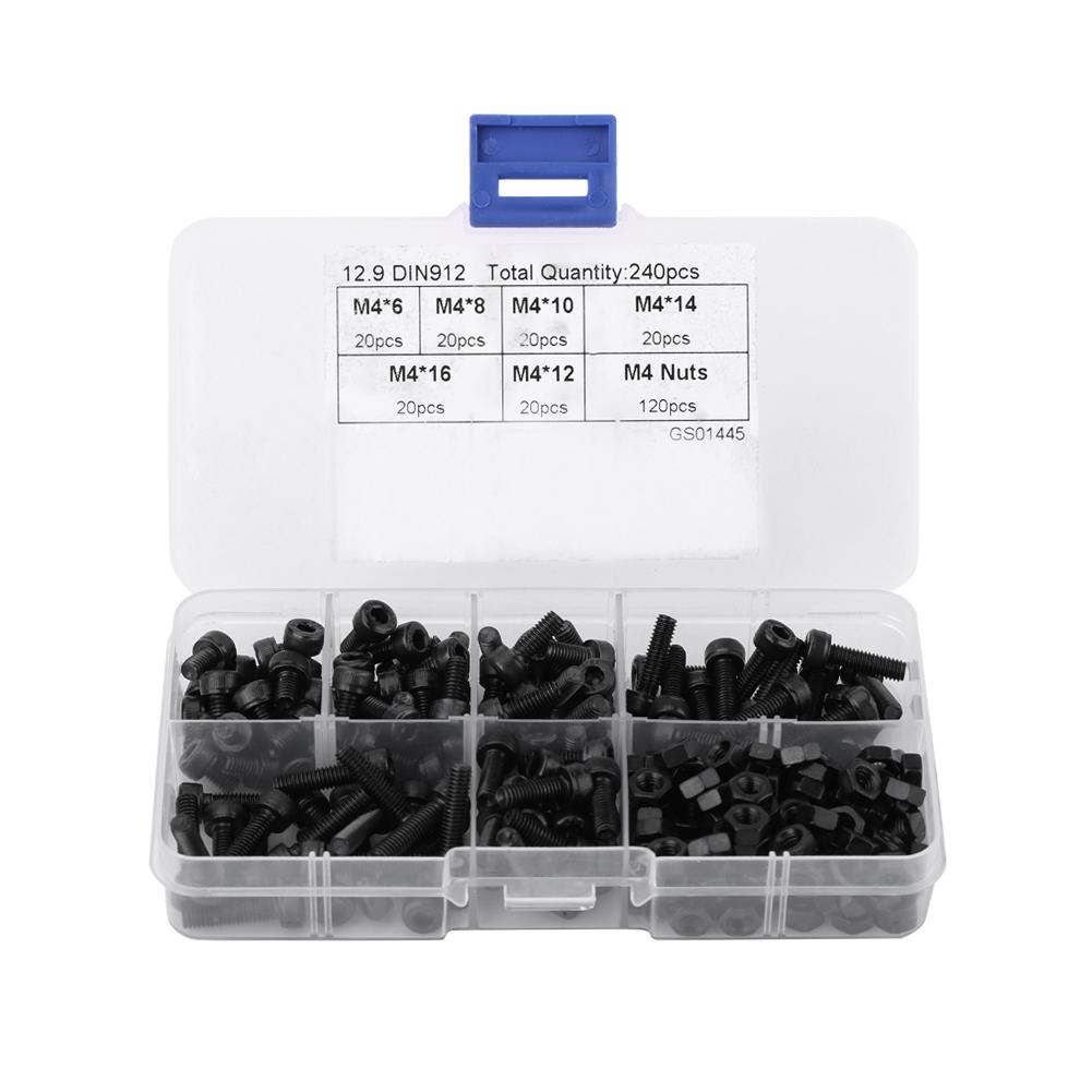 240pcs M4 Carbon Steel Hex Socket Cap Head Screws 6 8 10 12 14 16mm and Nuts Assrotment Set