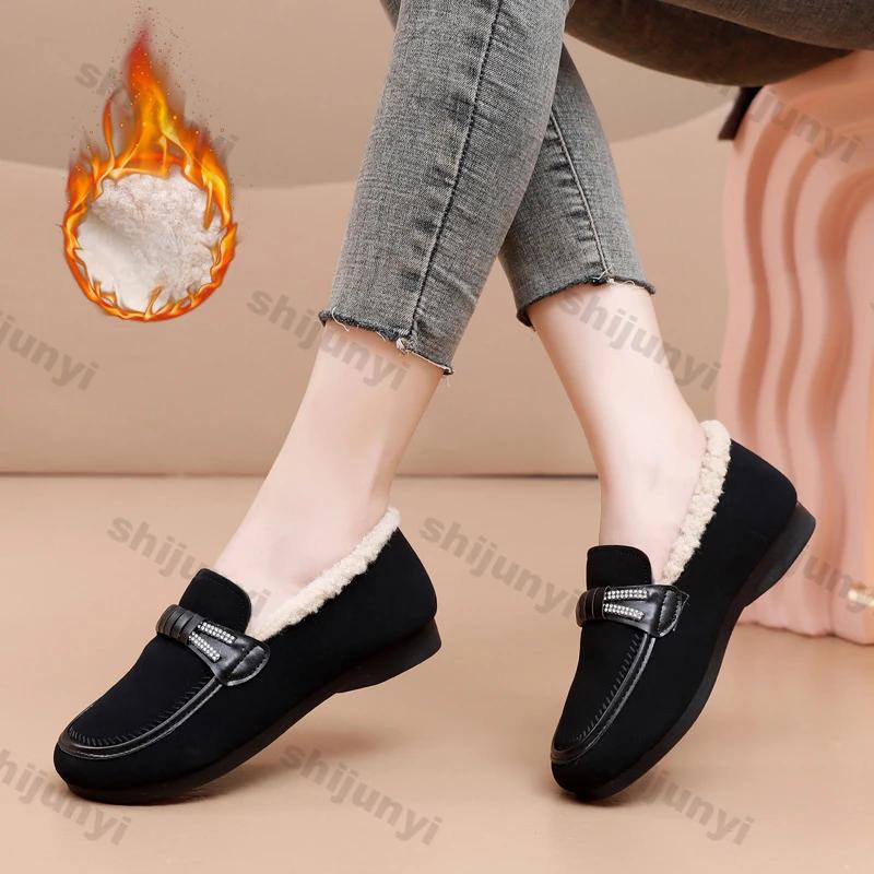 Winter Slip On Thick Plush Flats Shoes for Women Comfort Warm Casual Flat Non-slip Cotton Shoes Woman Solid Color Soft Sole Shoe