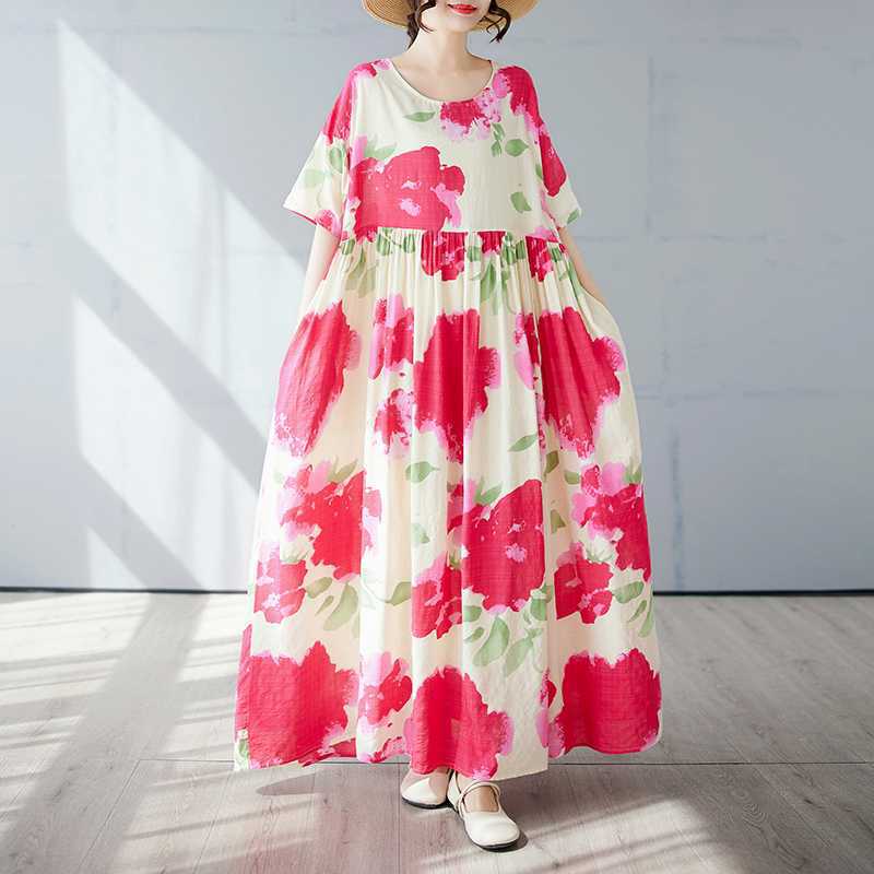 Einfacher und modischer langer Rock Sommer Kurzärmel Rundhals bedrucktes Kleid