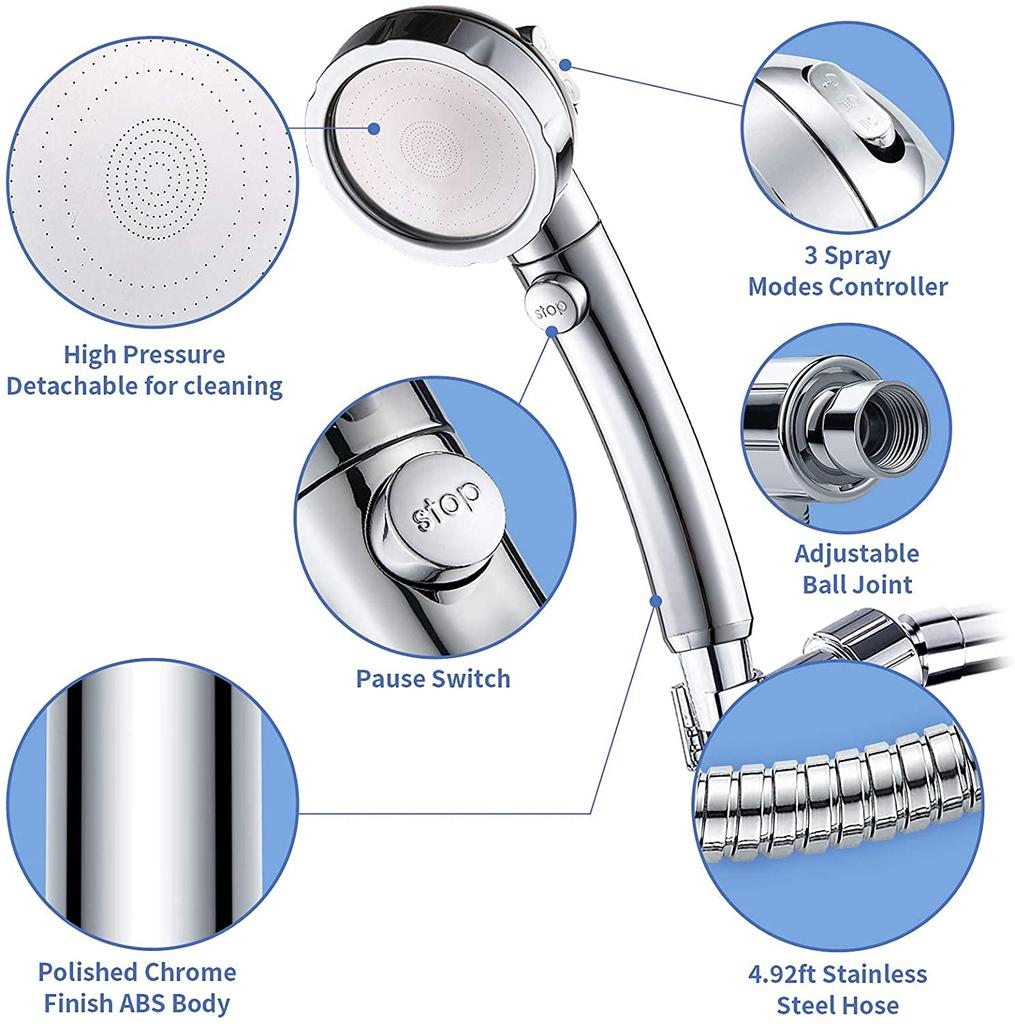 3 Modes Pressurized Shower Head Sliver High Pressure Rainfall  Bathroom Handheld Showerhead Set with Hose and Holder Accessories