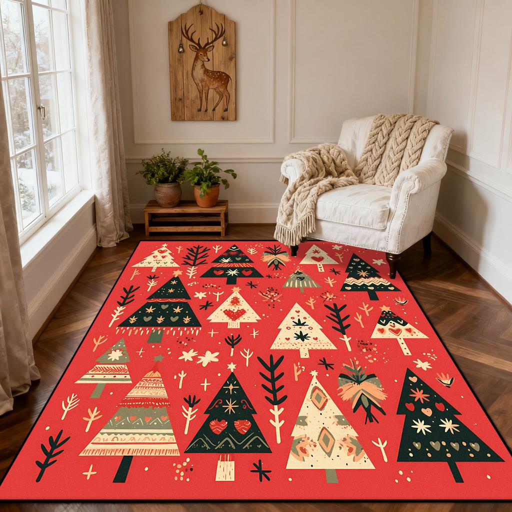 Christmas Style Red Living Room Carpet Christma Tree Decoration Bedroom Fluffy Thickened Rug Indoor Cloakroom Non-slip Floor Mat