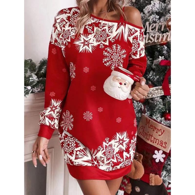 TIFICY Women s Fashion Christmas Snowflakes Print Long Sleeve Casual Dresses S красный